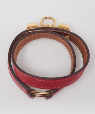 Hermes Rouge Casaque Epsom Leather Gold Plated Rivale Double Tour Bracelet XS