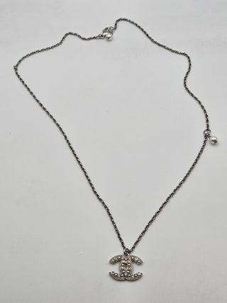 Chanel Silver-tone Faux Pearl Strass CC Pendant Necklace