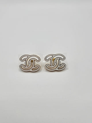 Chanel 2024 Gold-tone white Enamel Interlocking CC logo stud earrings