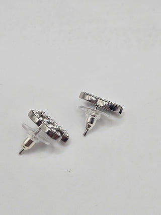 Chanel Silver-tone Strass Interlocking CC Stud Earrings