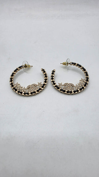 Chanel Gold-tone 2023 Strass Leather Interlocking CC Hoop Earrings
