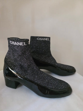 Chanel Black Logo Printed 2017 Patent Leather Sock Boots 40.5 EU