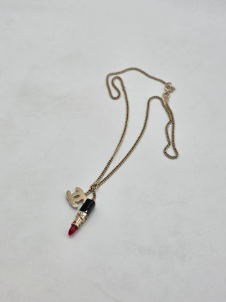 Chanel Gold-tone Crystal Resin Lipstick Interlocking CC Pendant Necklace