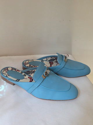 Hermes Ciel Blue Calfskin Leather Palladium Plated Oz Mules 38.5 sz