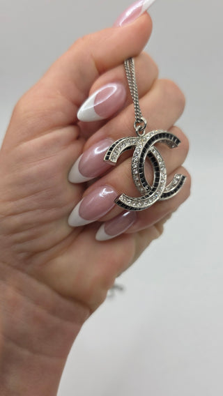 Chanel Silver-tone Strass Interlocking CC Pendant Necklace