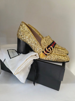 Gucci Gold Glitter Leather Peyton Marmont Mid-Heel Loafers 38.5 sz