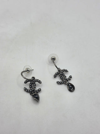 Chanel Silver-tone Ruthenium Metal CC Faux Pearl Drop Earrings