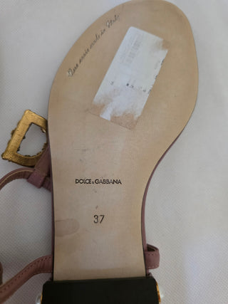Dolce & Gabbana beige leather pearl logo embellished thong sandals 37 sz