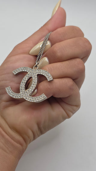 Chanel Silver-tone Strass Interlocking Oversized CC Pendant Necklace