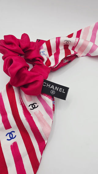 Chanel Pink White Interlocking CC 2024 Silk Bow Scrunchie