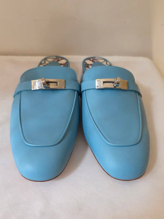 Hermes Ciel Blue Calfskin Leather Palladium Plated Oz Mules 38.5 sz