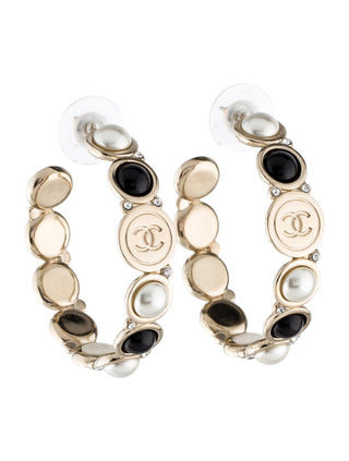 Chanel Faux Pearl Strass Interlocking CC Hoop Earrings