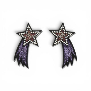 Chanel Black Silver-tone Strass Interlocking CC Shooting Star Earrings