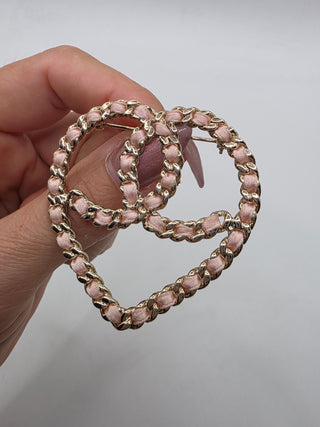 Chanel Gold-tone Silk Chain Woven CC Heart Oversized Brooch