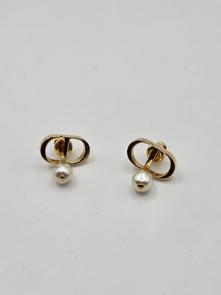 Christian Dior Gold-tone Faux Pearl Petite CD Logo Stud Earrings