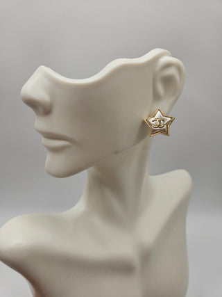 Chanel Gold-tone Faux Pearl Star CC Stud Earrings