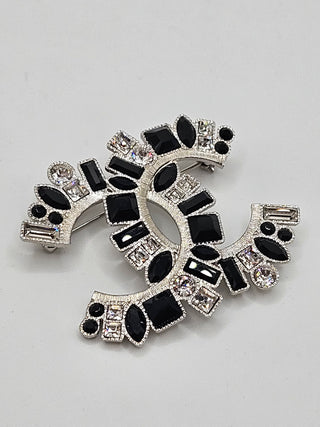 Chanel Silver-tone Strass Resin Interlocking CC Pin Brooch