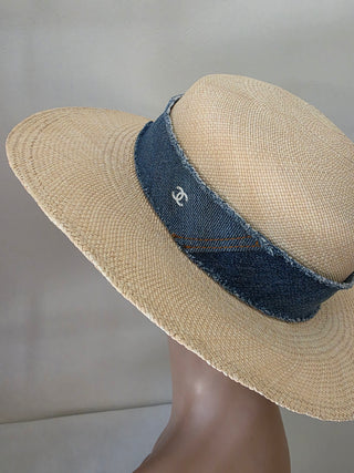 Chanel Beige Interlocking CC Denim Straw Hat S sz
