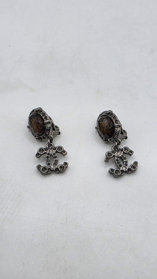 Chanel Resin Strass Silver-tone Interlocking CC Clip On Drop Earrings