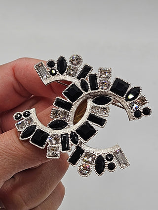 Chanel Silver-tone Strass Resin Interlocking CC Pin Brooch