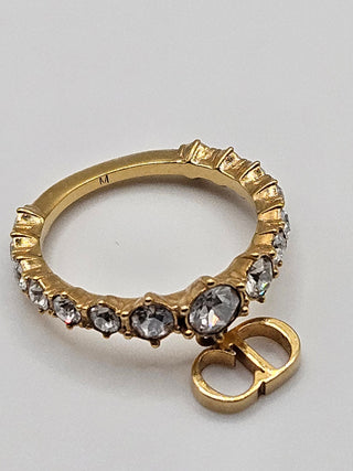 Christian Dior Gold-tone Crystal CD Charm Cocktail Ring Size: 6