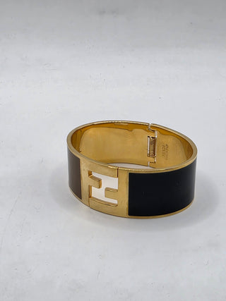 Fendi Gold-tone Brown Enamel FF Fendista Bangle Bracelet