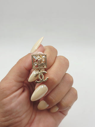 Chanel Gold-tone Faux Pearl Strass Cluster Interlocking CC Drop Earrings