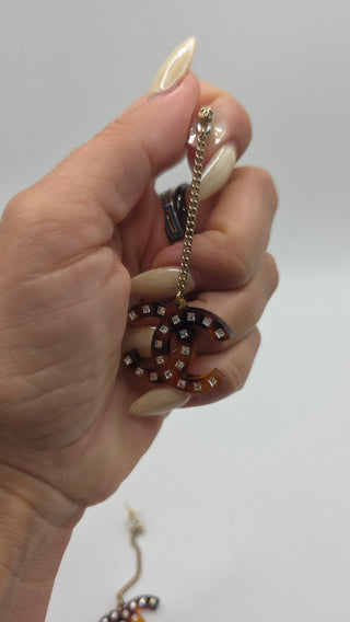 Chanel Gold-tone Brown Resin Strass CC Drop Earrings