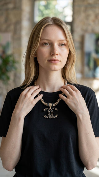 Chanel Gold Metal Black Leather Interlocking CC Logo Chain Link Choker Necklace