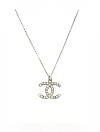Chanel Silver-tone Strass Interlocking CC Pendant Necklace