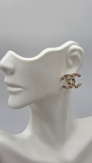 Chanel Gold-tone Pink Strass Interlocking CC Stud Earrings