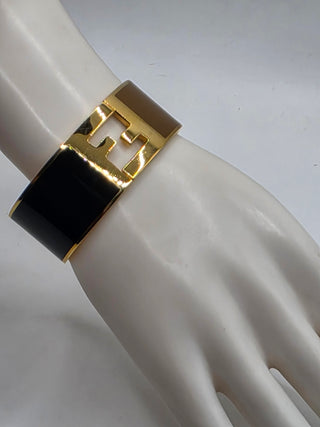 Fendi Gold-tone Brown Enamel FF Fendista Bangle Bracelet