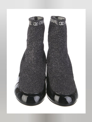 Chanel Black Logo Printed 2017 Patent Leather Sock Boots 40.5 EU