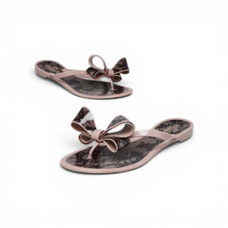Valentino Beige Black Lace Print Bow Jelly Thong Sandals 38 sz