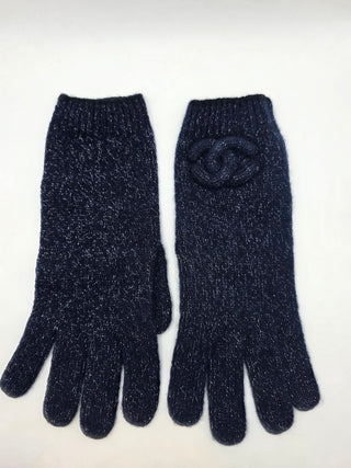 Chanel Dark Blue Metallic Cashmere Silk Knit CC Gloves