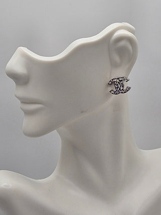 Chanel Silver-tone Strass Interlocking CC Stud Earrings