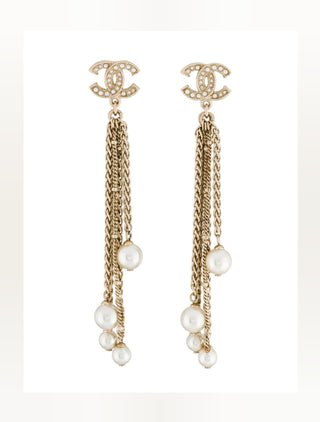 Chanel Gold-tone Faux Pearl Interlocking Drop Earrings