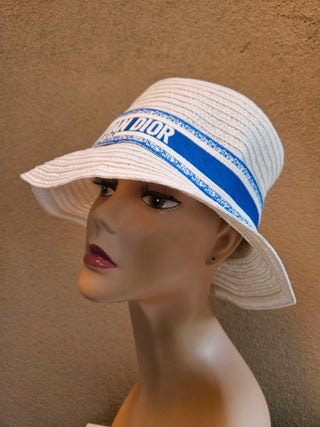 White woven blue white logo printed bucket hat M sz