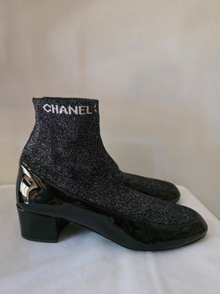 Chanel Black Logo Printed 2017 Patent Leather Sock Boots 40.5 EU