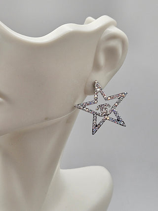 Chanel Silver-tone Strass Star Interlocking Logo Stud Earrings