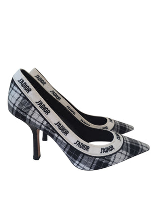 Christian Dior Black Plaid J'Adior Print  Embroidered Pumps 36.5 sz