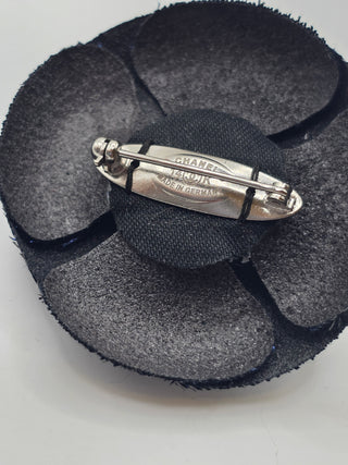 Chanel Metallic Black Blue Camellia CC Logo Fabric Brooch