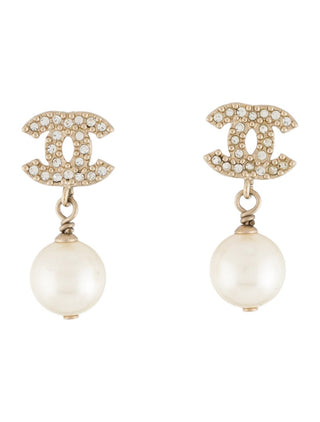 Chanel Faux Pearl & Strass CC Logo Drop Earrings