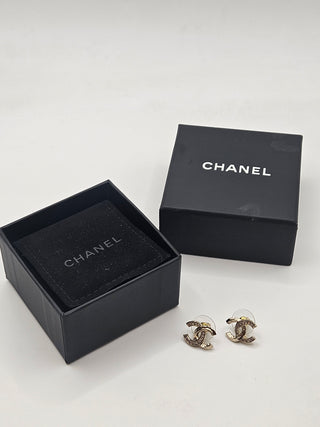 Chanel Gold-tone Strass Interlocking CC Stud Earrings