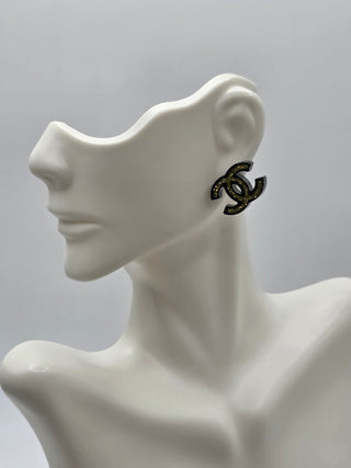 Chanel Black Gold-tone Glitter Resin CC Stud Single Earring