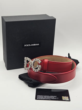 Dolce & Gabbana Red Leather Skinny Crystal D&G Logo Belt M sz