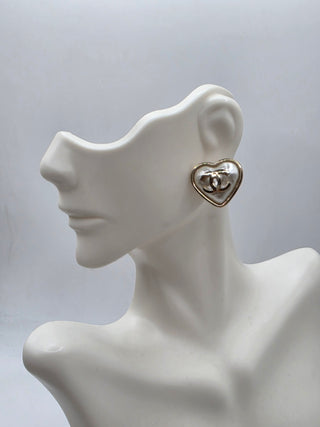 Chanel Gold-tone Faux Pearl Interlocking CC Heart Stud Earrings