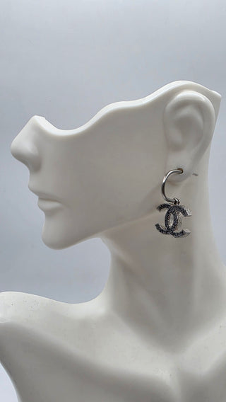 Chanel Silver-tone Black Enamel Glitter Interlocking CC Drop Earrings