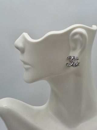 Chanel Silver-tone Strass Interlocking Stud Earrings