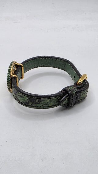 Fendi Gold-tone Crystal Green Snake Skin FF Leather Wrap Bracelet